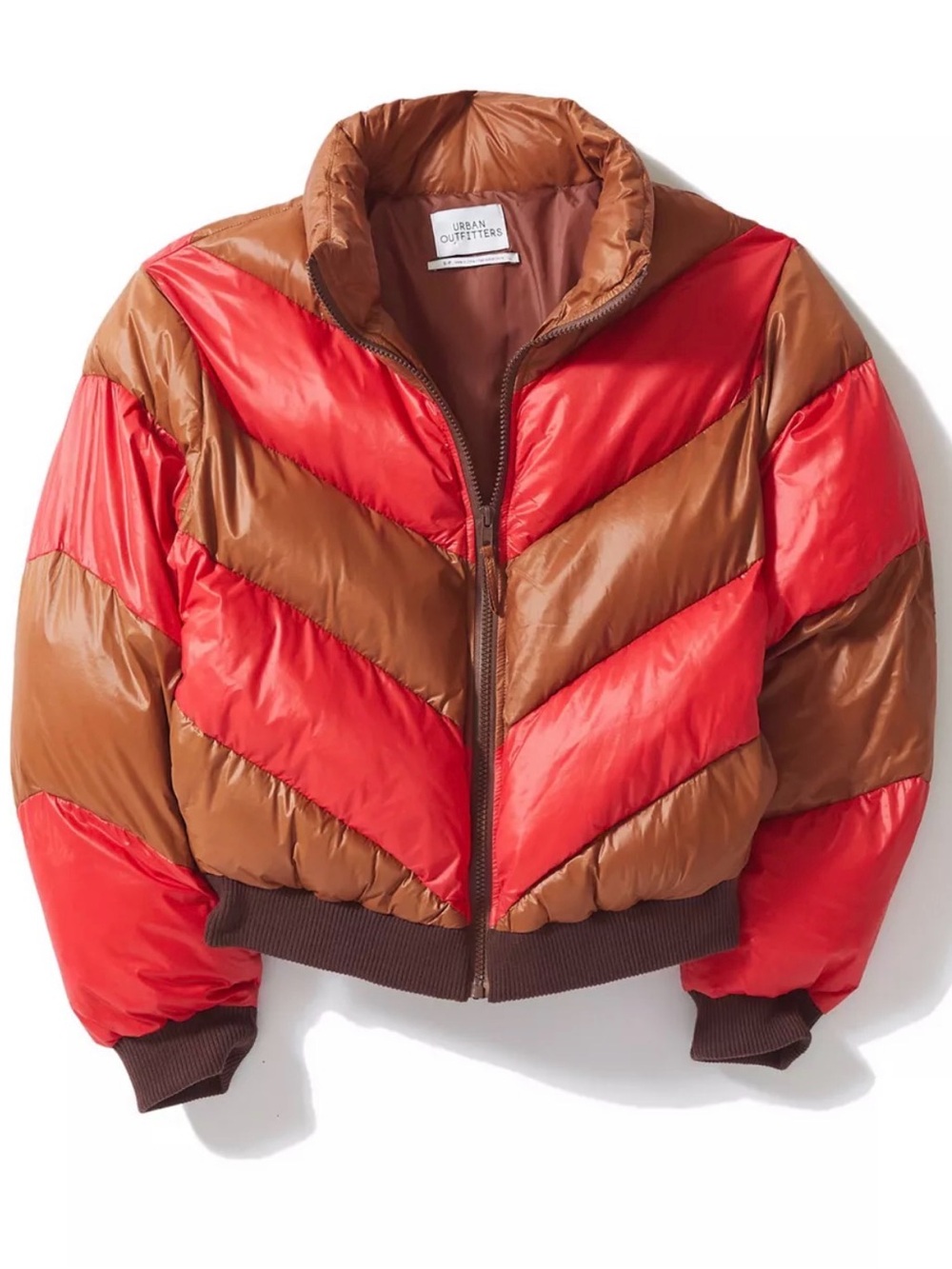 Urban Outfitters Colorblock Cropped Puffer Jacket Brown Red XS UO Demi Chevron